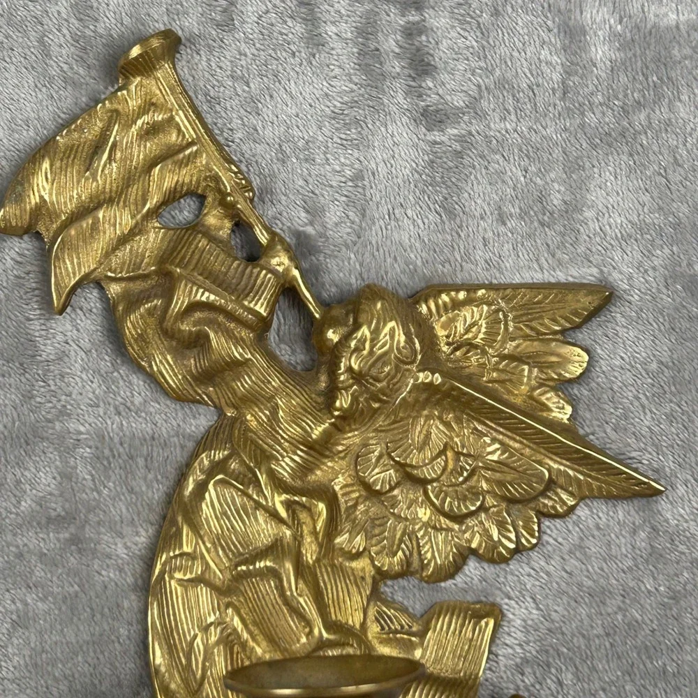 Vintage Brass Angel Wall Sconce Candle Holder Trumpet India Gold Tone 9.5 Inch